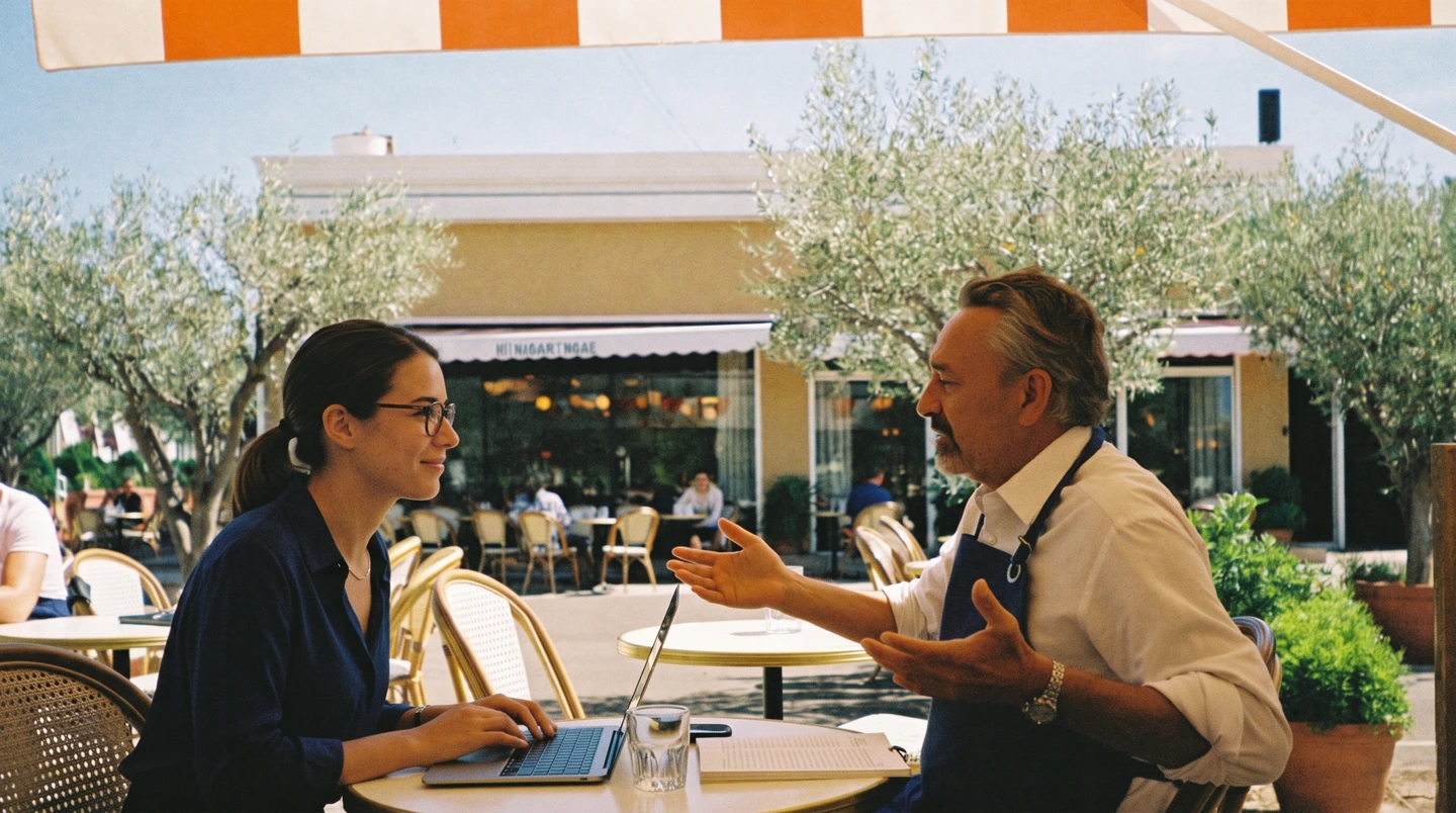 Two hospitality workers talking over a laptop on a sunny terrace.